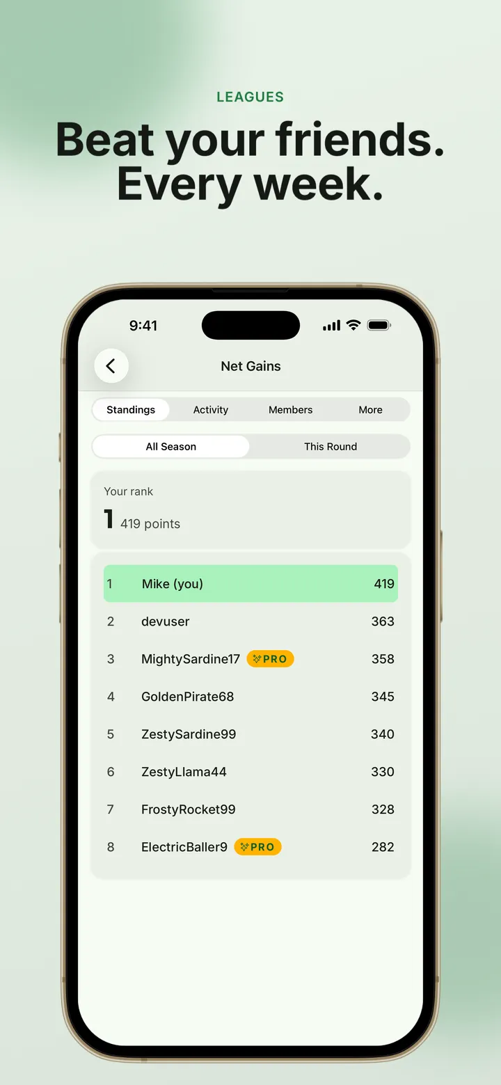 App screenshot: a league leaderboard where you compete with friends every week